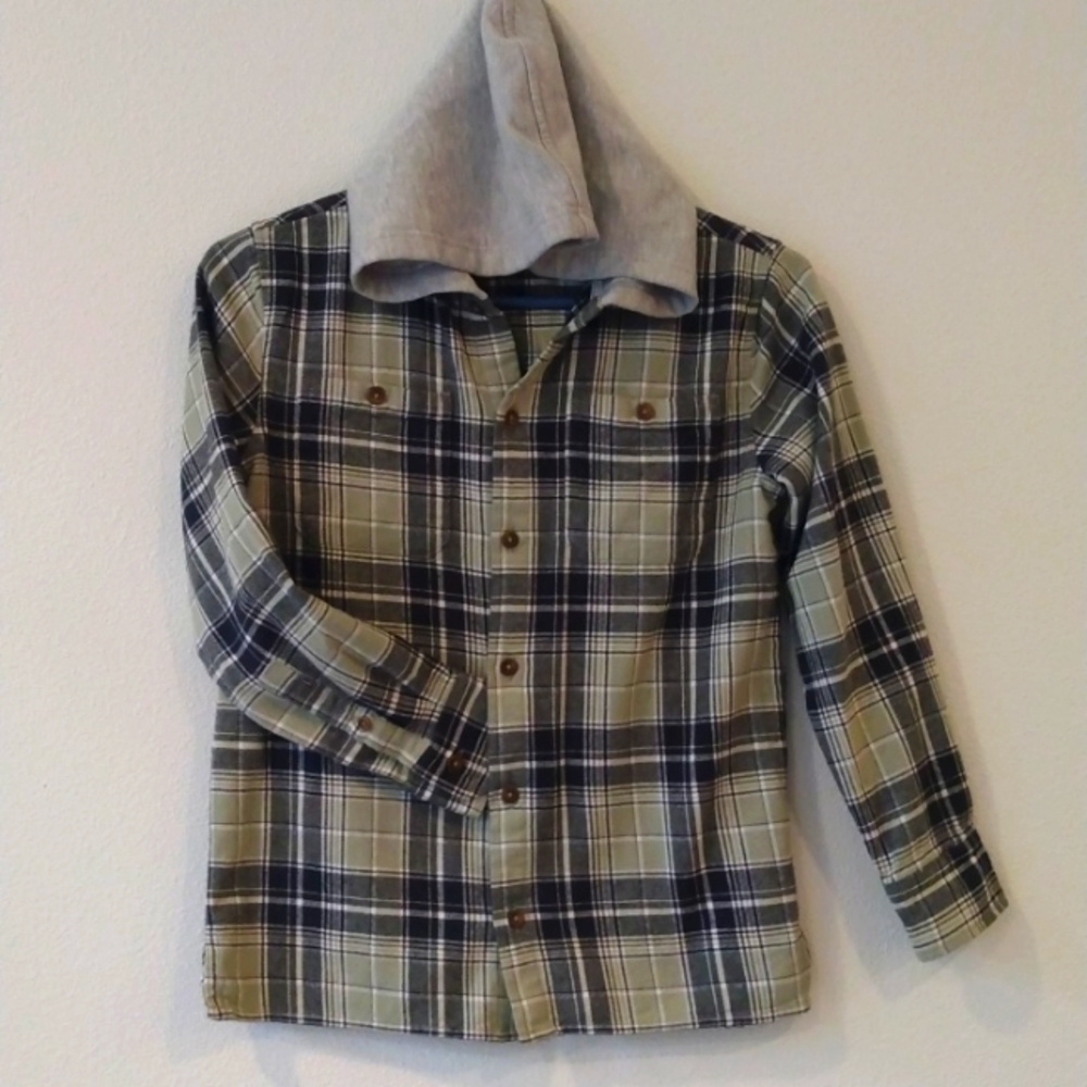 Kids Medium (8)  flannel plaid hoodie long sleeve button down by Bixby.